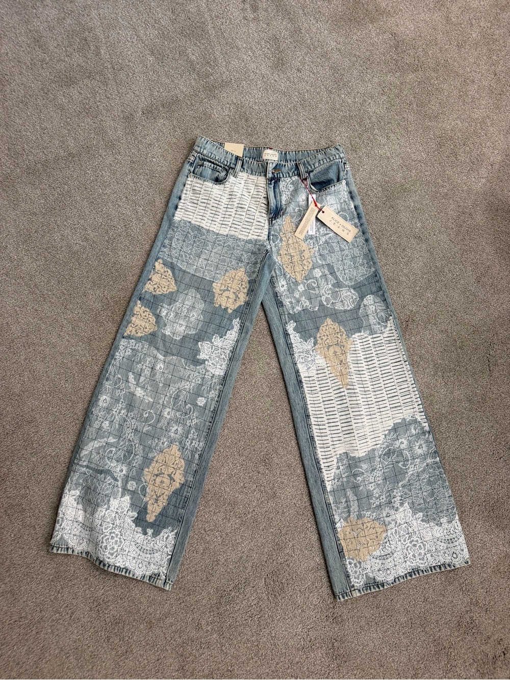 Alice + Olivia Blue Patchwork Wide-Leg Jeans with Beige Accents